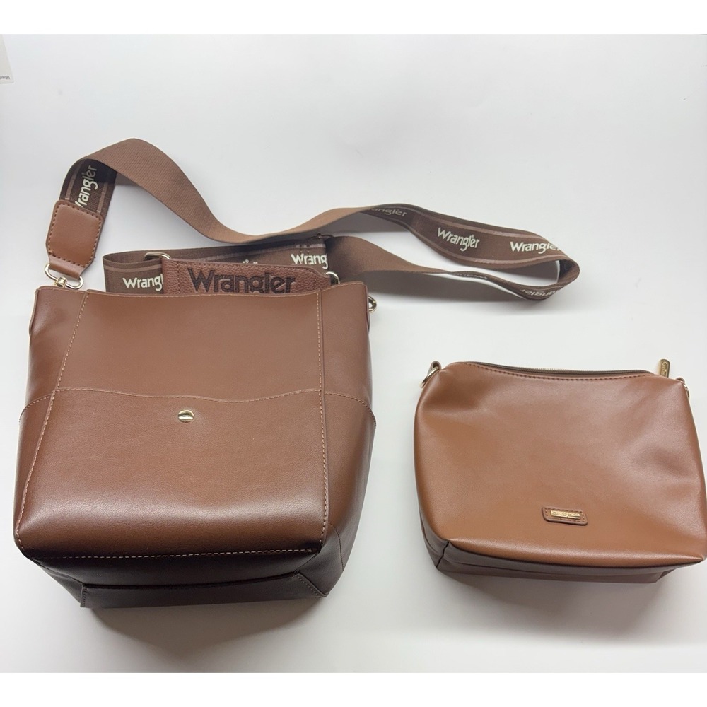 Wrangler Women's Vegan Leather Crossbody Bucket Bag‎ & Pouch CL8 Brown Western